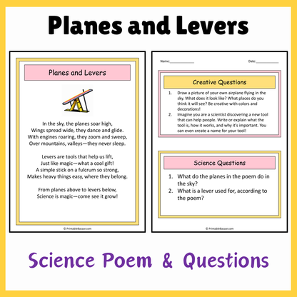 Planes and Levers | Science Poem Reading Comprehension Activity