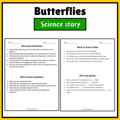 Butterflies | Science Story Reading Comprehension Activity