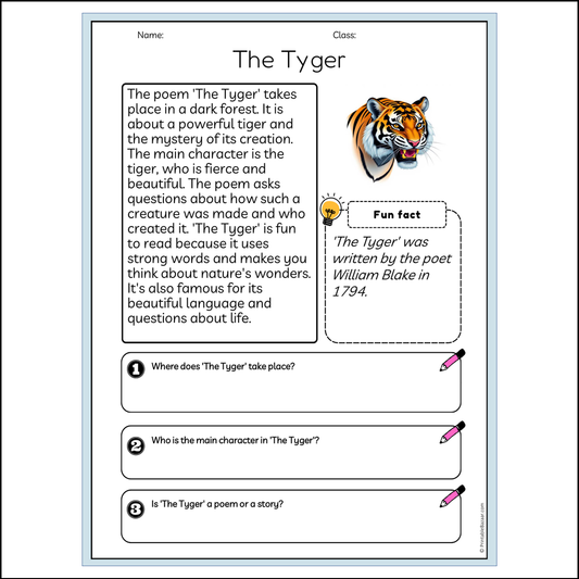 The Tyger | Reading Passage Comprehension Questions Writing Facts Worksheet