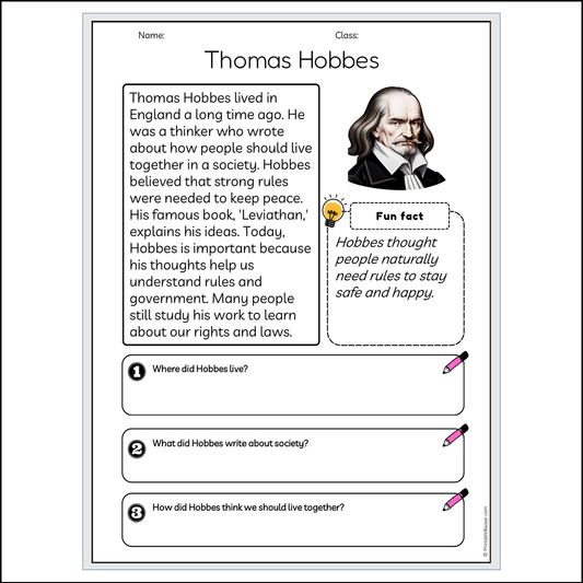 Thomas Hobbes | Reading Passage Comprehension Questions Writing Facts Worksheet