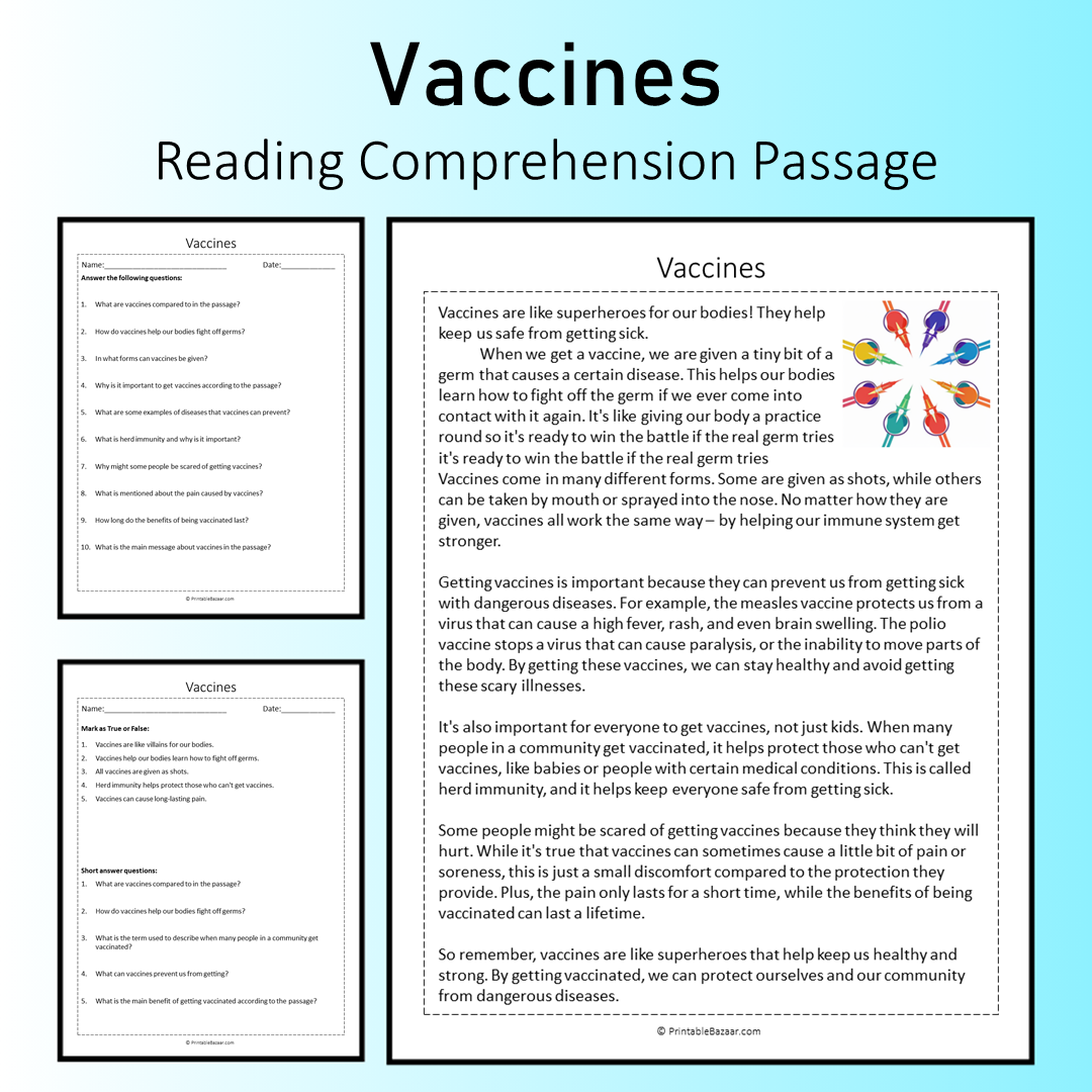 Vaccines | Reading Comprehension Passage Printable Worksheet