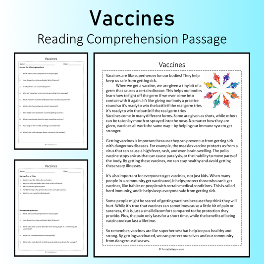 Vaccines | Reading Comprehension Passage Printable Worksheet