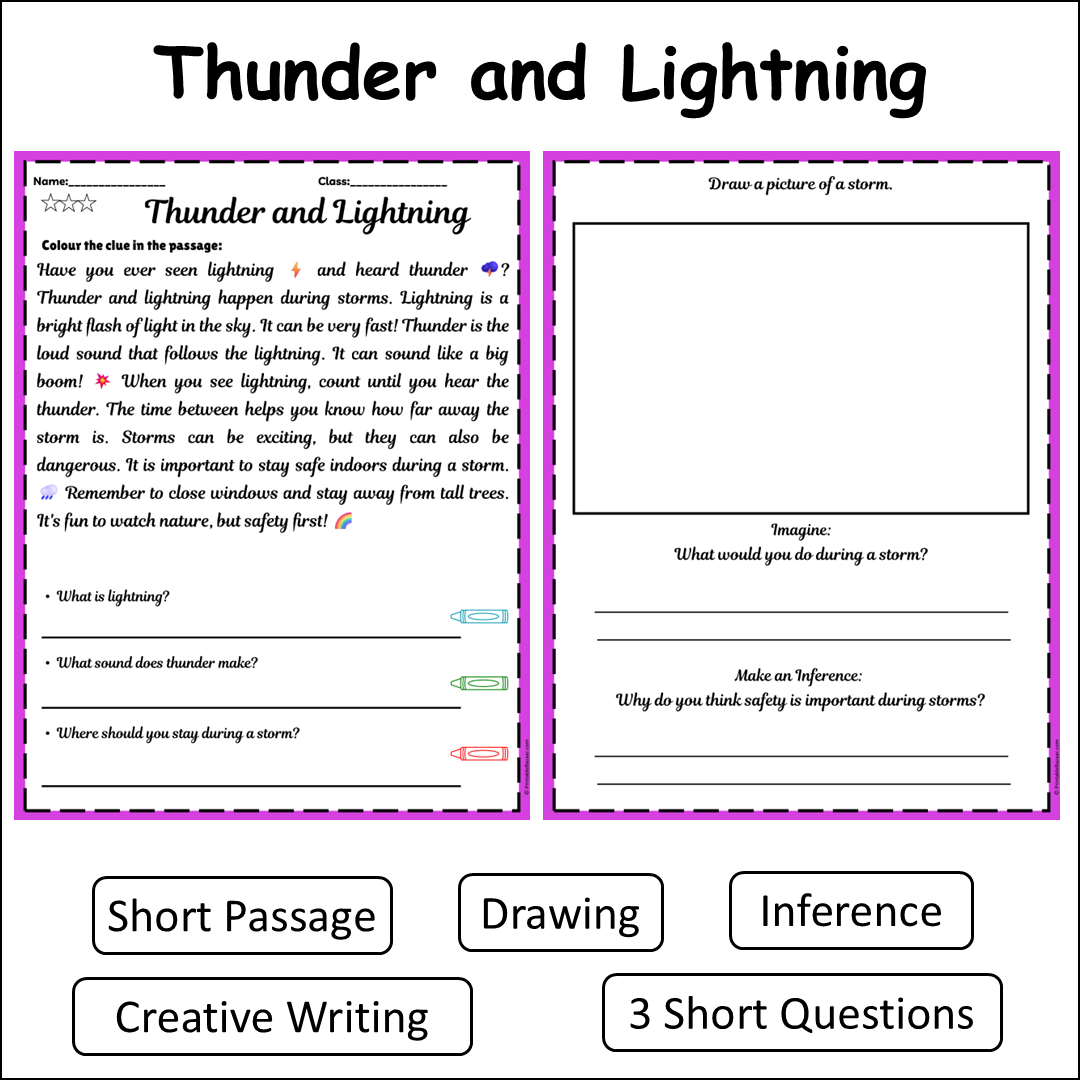 Thunder and Lightning | Short Reading Comprehension Creative Worksheet