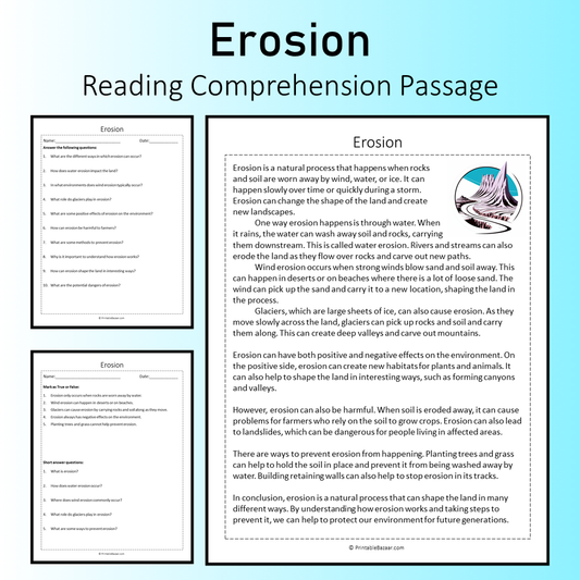 Erosion | Reading Comprehension Passage Printable Worksheet