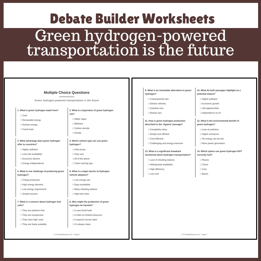 Green hydrogen-powered transportation is the future | Favour and Against Worksheet Printable Activity
