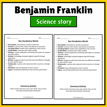 Benjamin Franklin | Science Story Reading Comprehension Activity