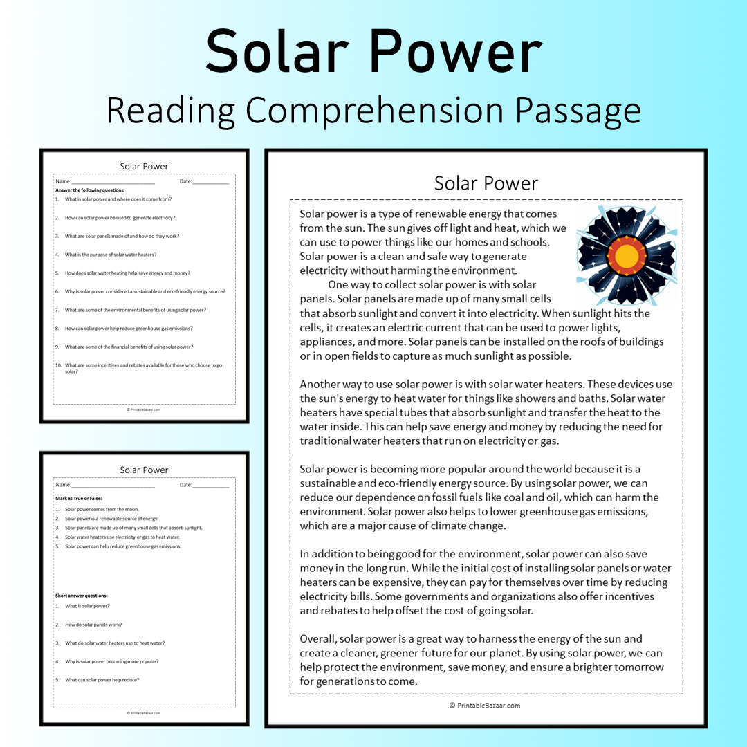 Solar Power | Reading Comprehension Passage Printable Worksheet