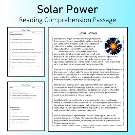 Solar Power | Reading Comprehension Passage Printable Worksheet