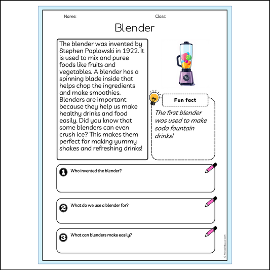 Blender | Reading Passage Comprehension Questions Writing Facts Worksheet