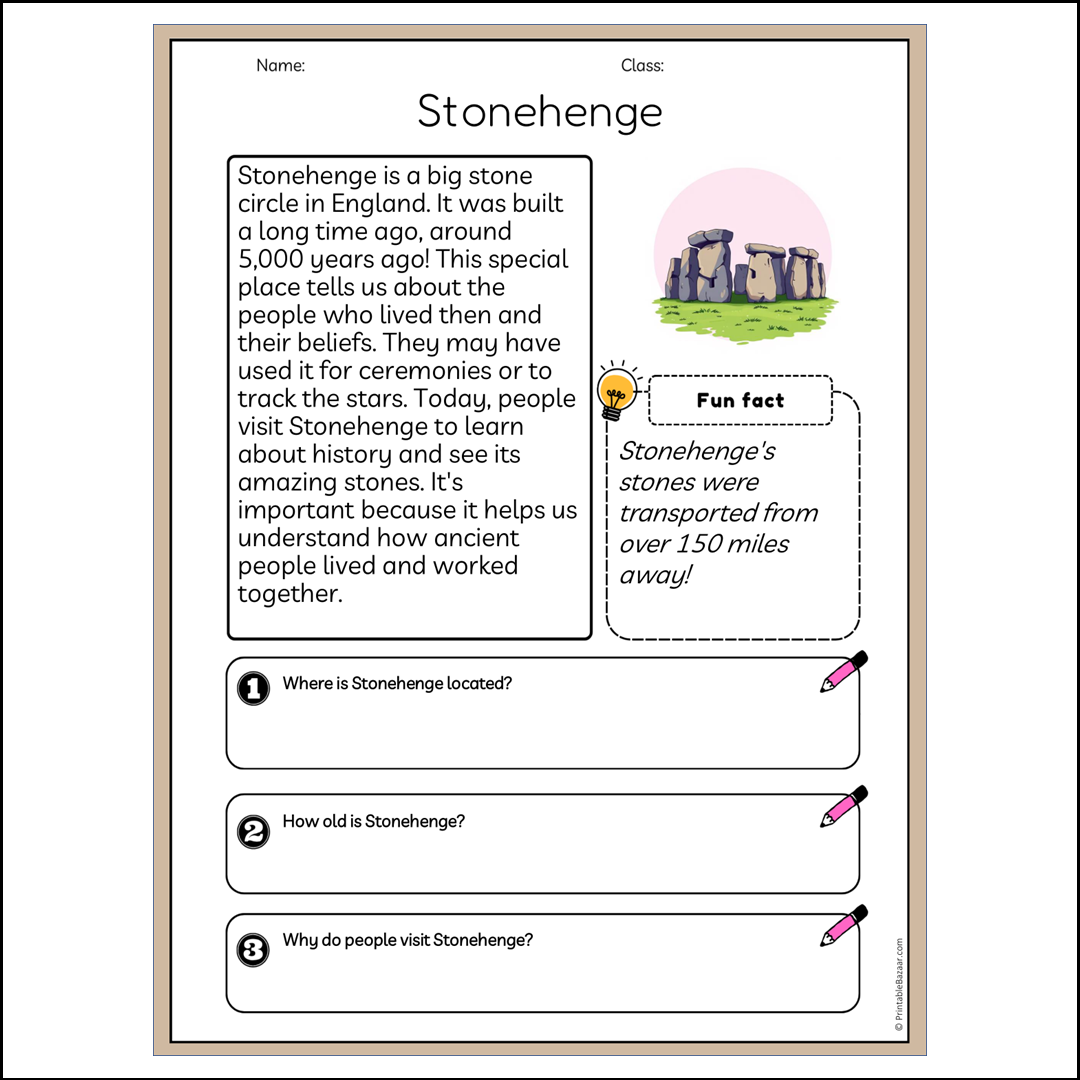 Stonehenge | Reading Passage Comprehension Questions Writing Facts Worksheet