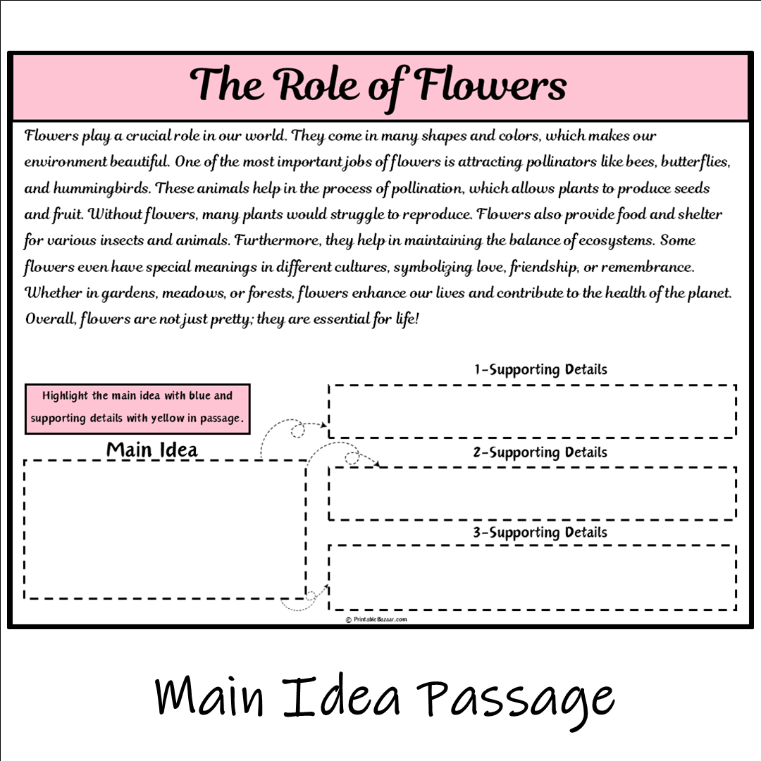 The Role of Flowers | Main Idea and Supporting Details Reading Passage and Questions