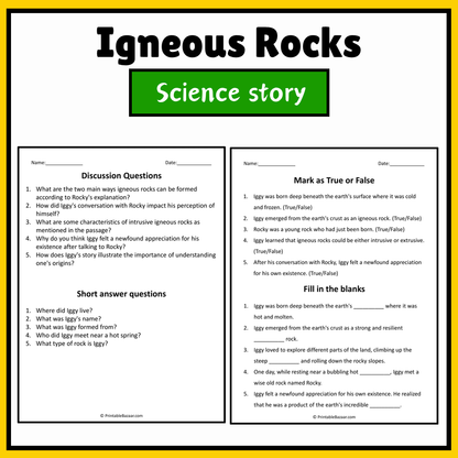 Igneous Rocks | Science Story Reading Comprehension Activity