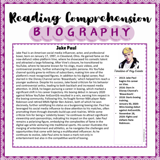 Jake Paul | Biography Reading Comprehension and Questions Worksheet