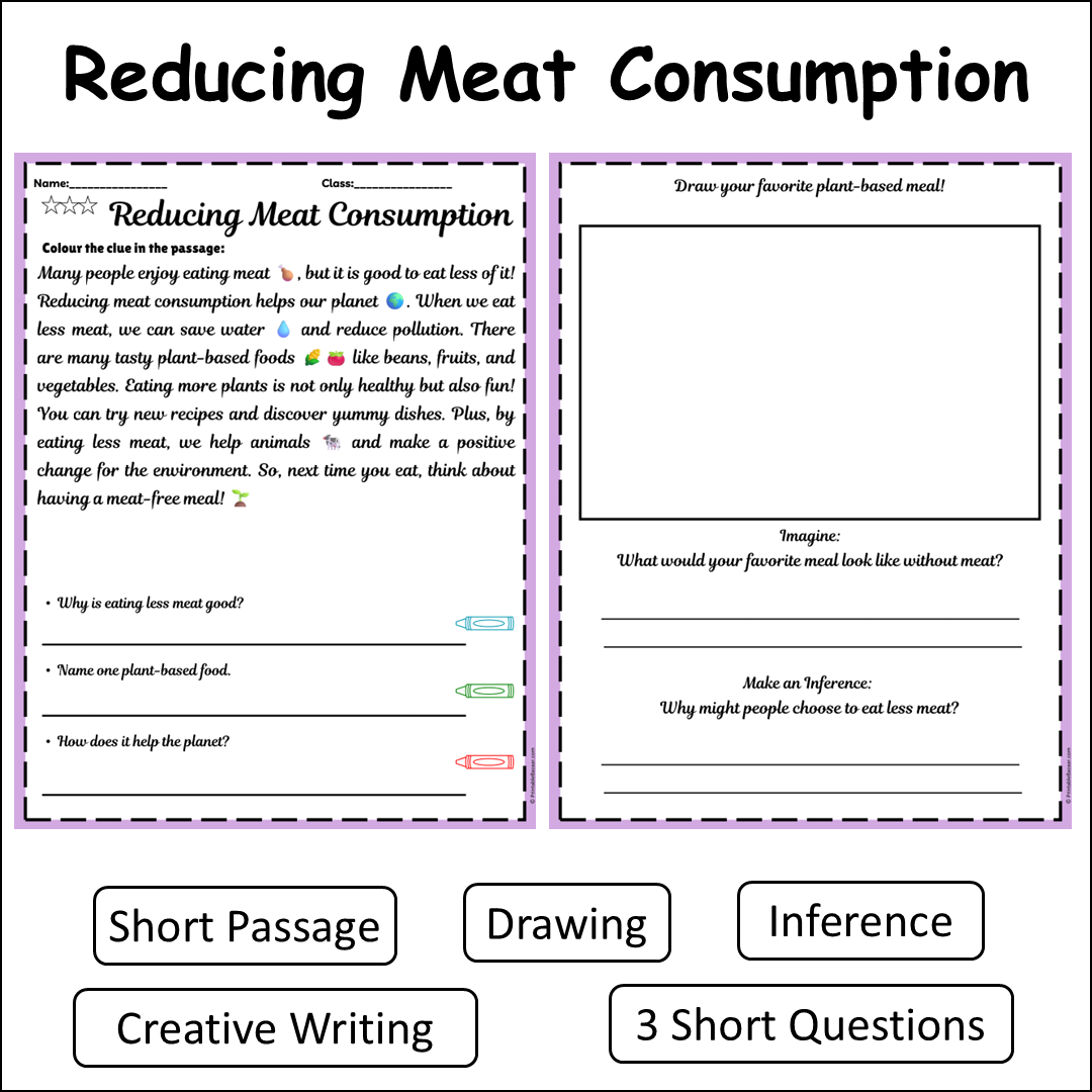 Reducing Meat Consumption | Short Reading Comprehension Creative Worksheet