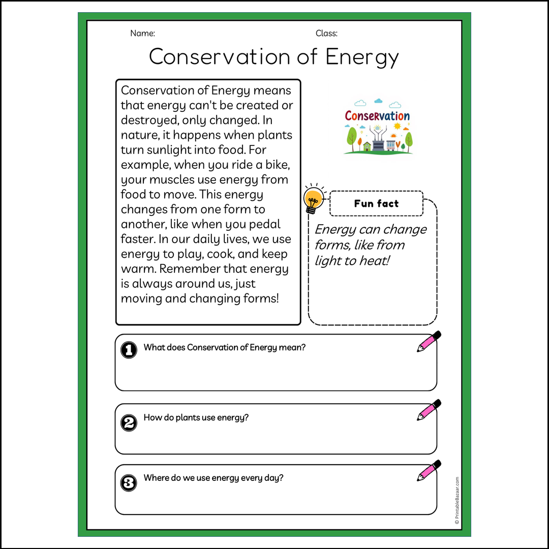 Conservation of Energy | Reading Passage Comprehension Questions Writing Facts Worksheet