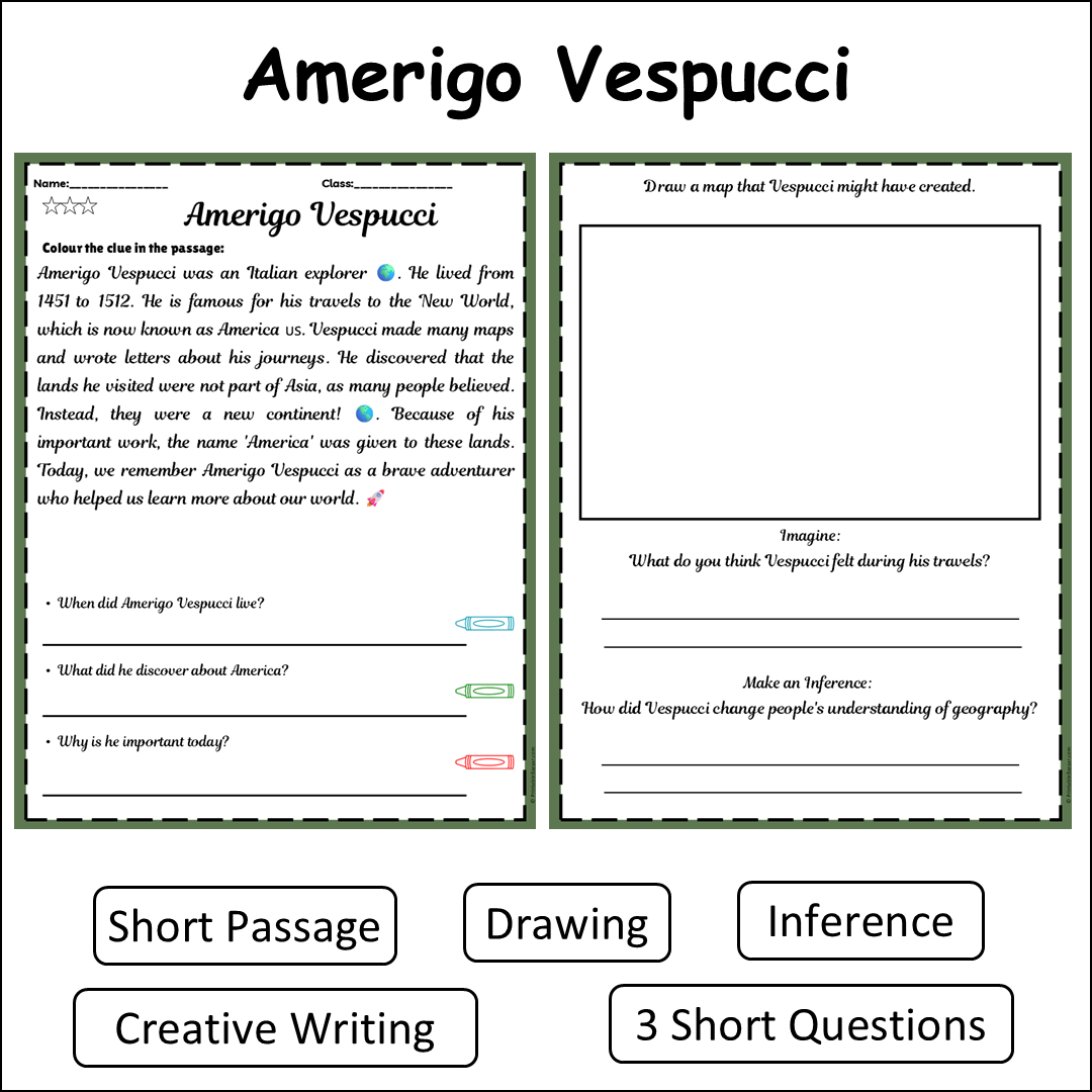 Amerigo Vespucci | Short Reading Comprehension Creative Worksheet