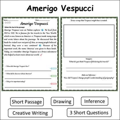 Amerigo Vespucci | Short Reading Comprehension Creative Worksheet