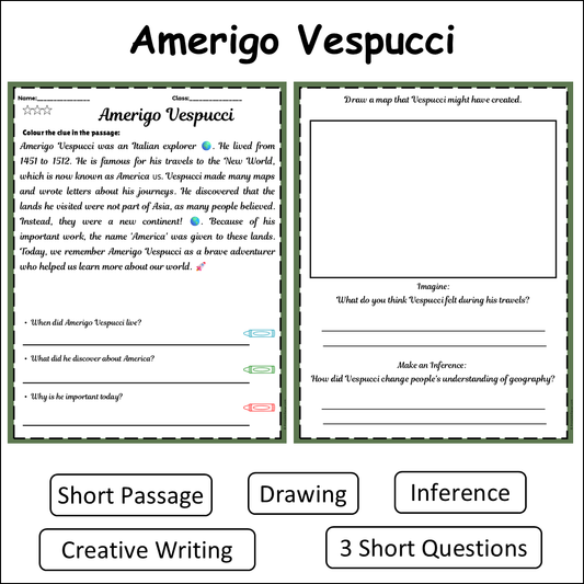 Amerigo Vespucci | Short Reading Comprehension Creative Worksheet