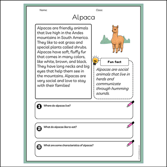 Alpaca | Reading Passage Comprehension Questions Writing Facts Worksheet