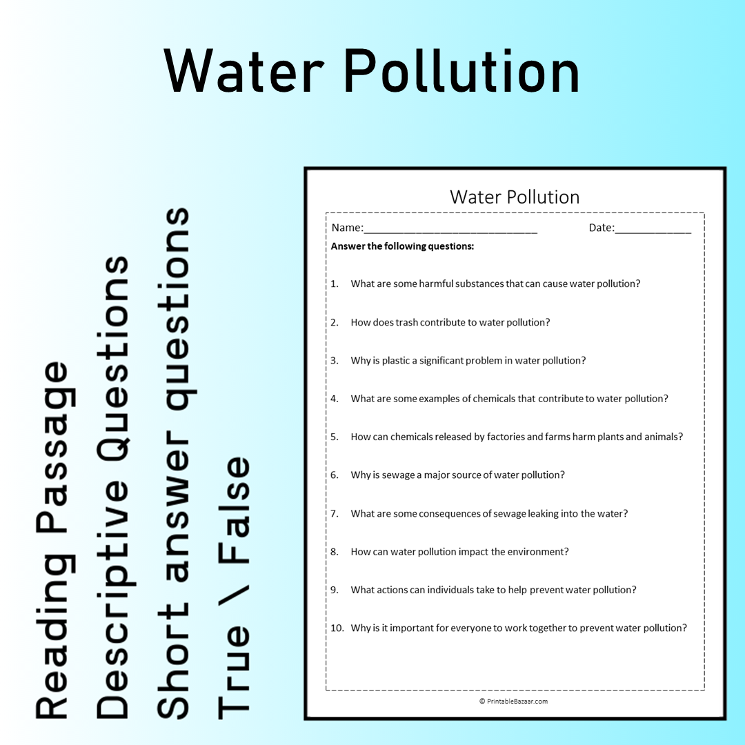 Water Pollution | Reading Comprehension Passage Printable Worksheet