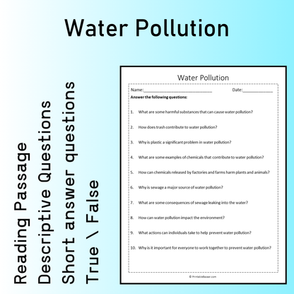 Water Pollution | Reading Comprehension Passage Printable Worksheet