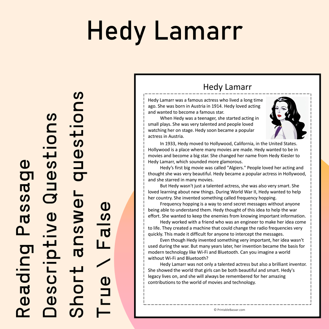Hedy Lamarr | Reading Comprehension Passage Printable Activity