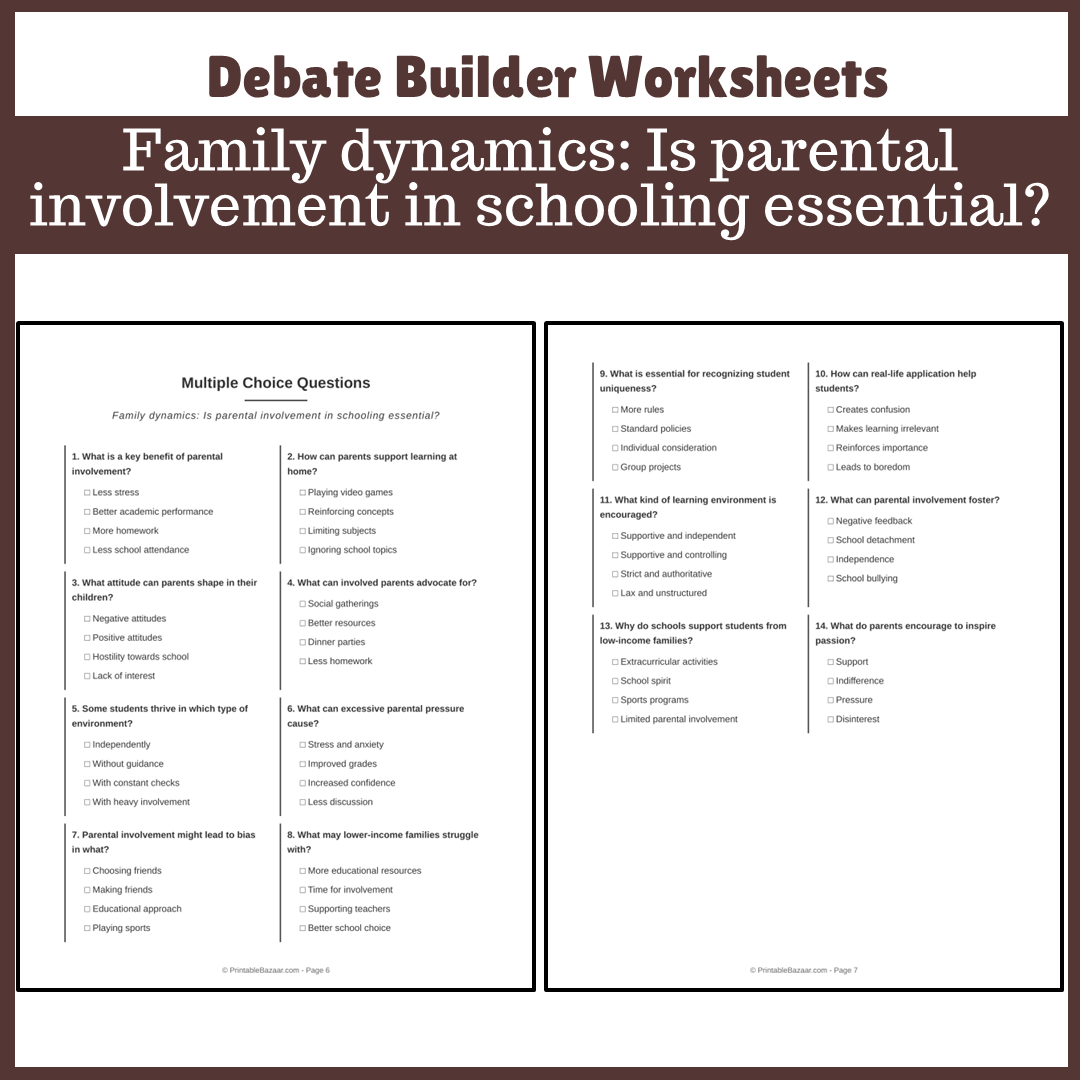 Family dynamics: Is parental involvement in schooling essential? | Favour and Against Worksheet Printable Activity