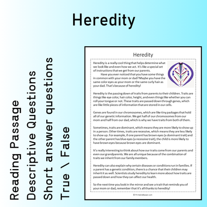 Heredity | Reading Comprehension Passage Printable Worksheet
