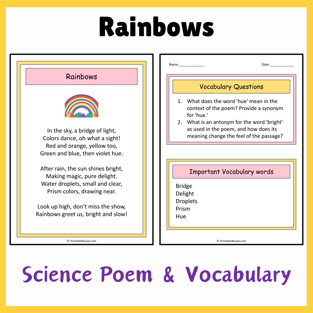 Rainbows | Science Poem Reading Comprehension Activity