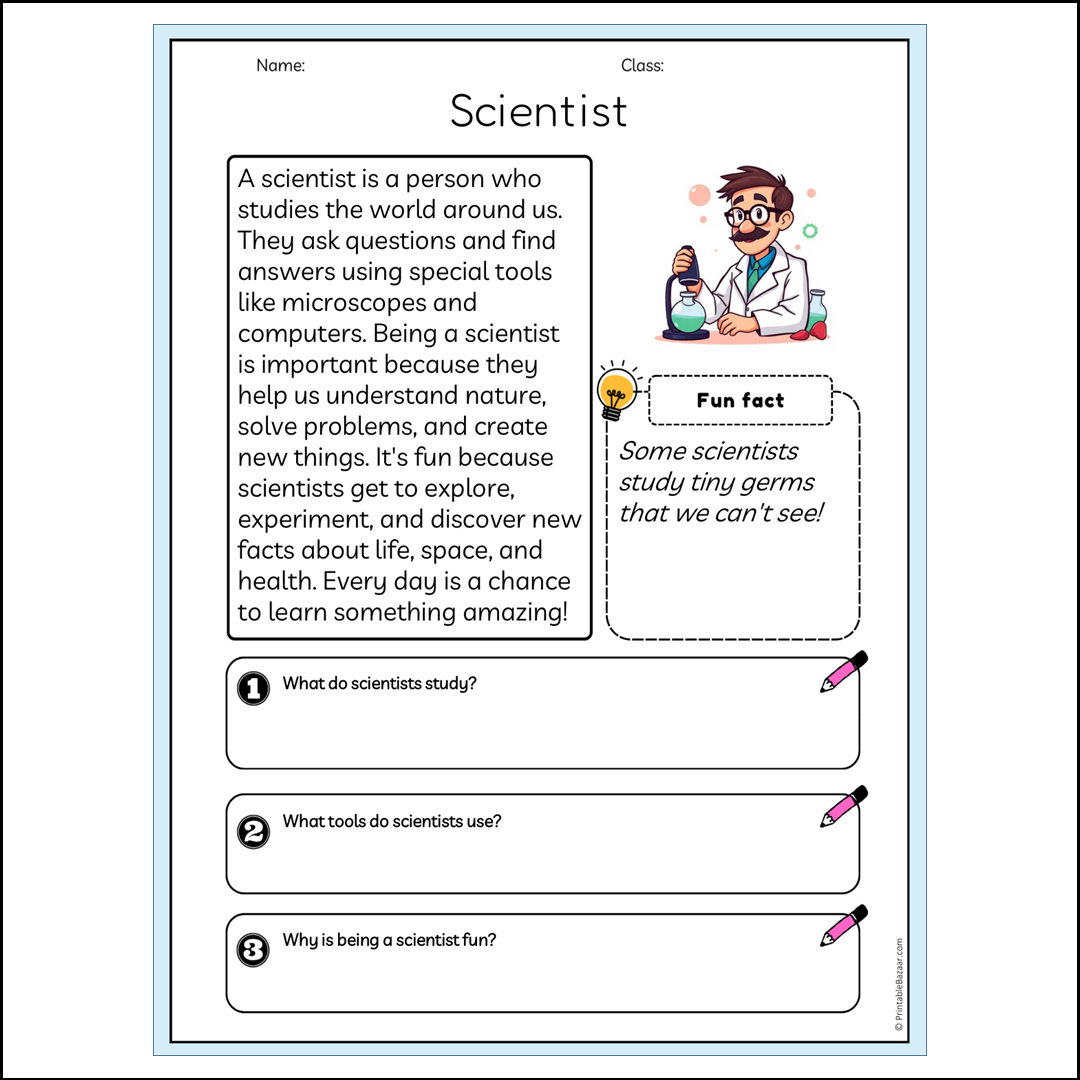 Scientist | Reading Passage Comprehension Questions Writing Facts Worksheet