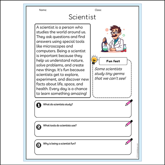 Scientist | Reading Passage Comprehension Questions Writing Facts Worksheet