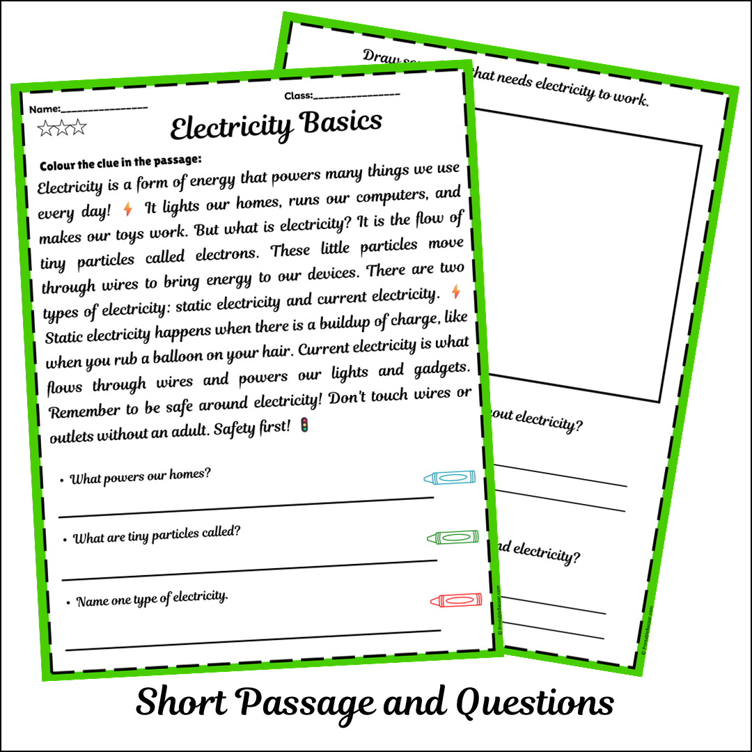 Electricity Basics | Short Reading Comprehension Creative Worksheet