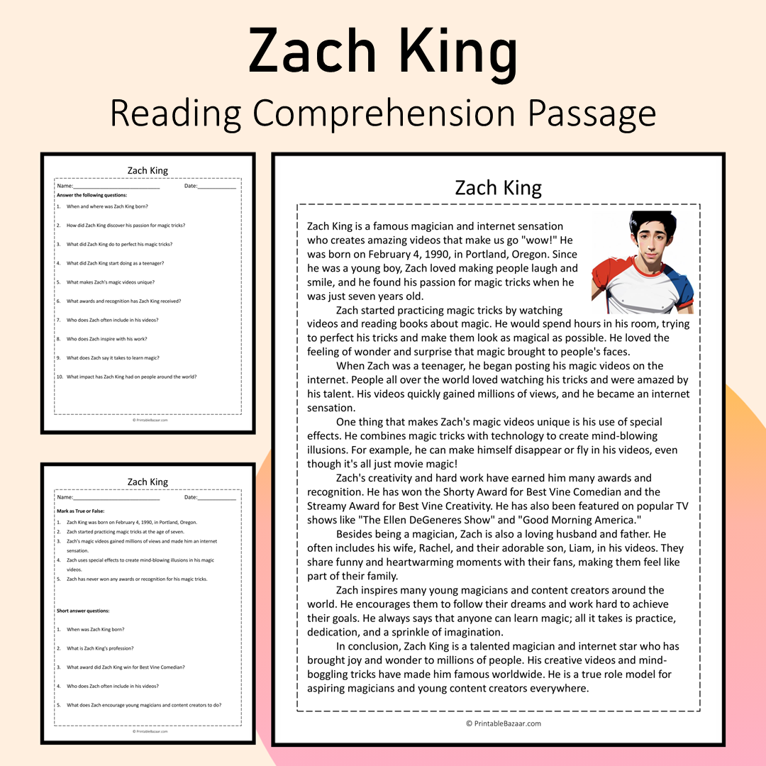 Zach King | Reading Comprehension Passage Printable Activity