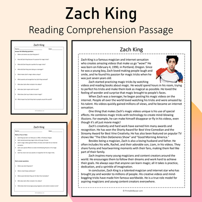 Zach King | Reading Comprehension Passage Printable Activity