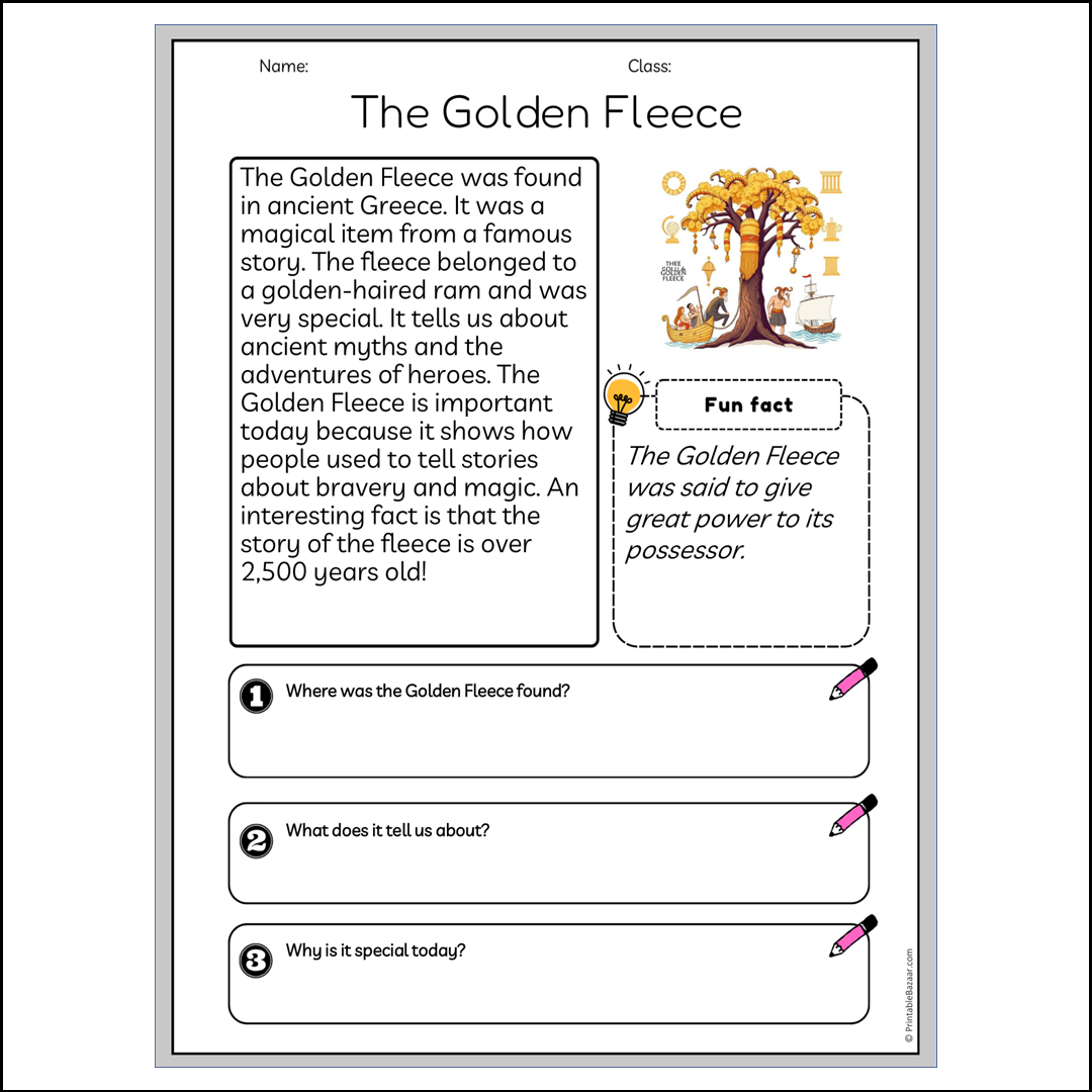 The Golden Fleece | Reading Passage Comprehension Questions Writing Facts Worksheet