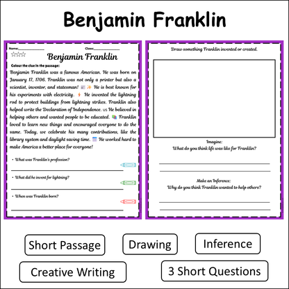 Benjamin Franklin | Short Reading Comprehension Creative Worksheet