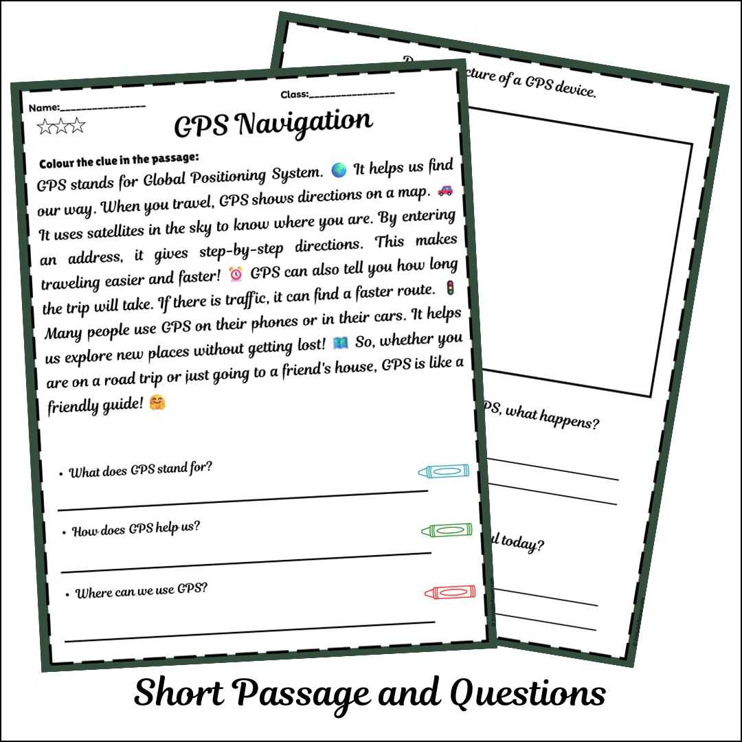 GPS Navigation | Short Reading Comprehension Creative Worksheet