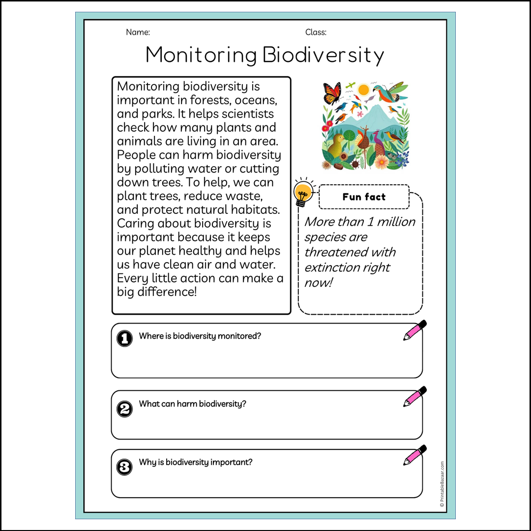 Monitoring Biodiversity | Reading Passage Comprehension Questions Writing Facts Worksheet