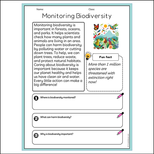 Monitoring Biodiversity | Reading Passage Comprehension Questions Writing Facts Worksheet