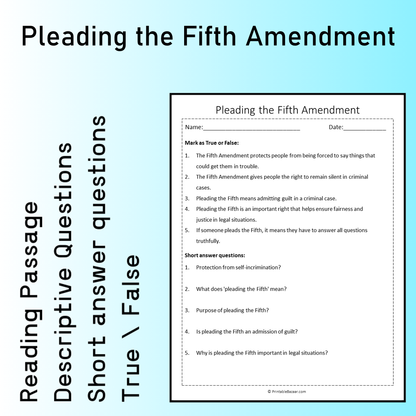 Pleading the Fifth Amendment | Reading Comprehension Passage Printable Worksheet
