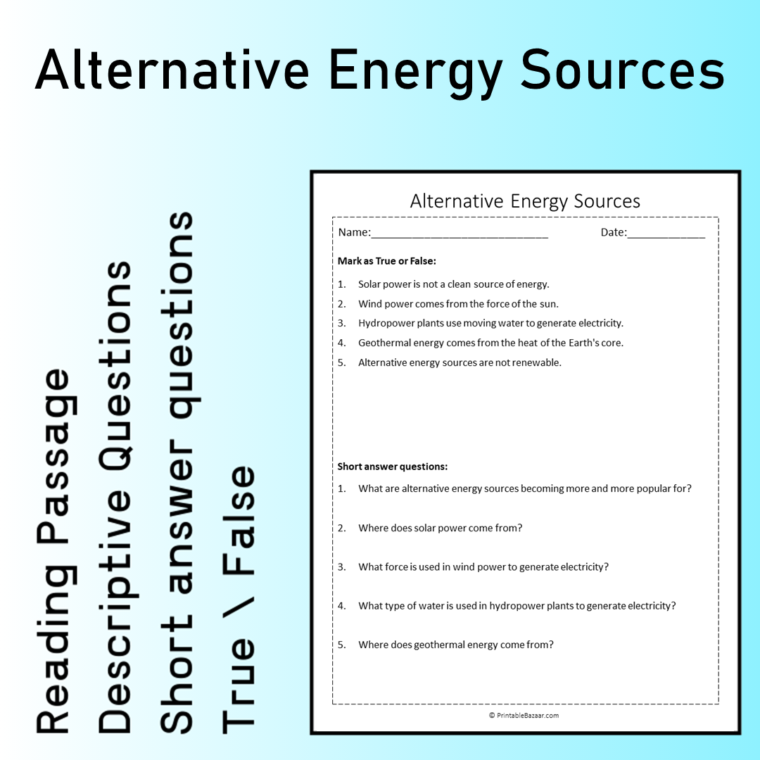 Alternative Energy Sources | Reading Comprehension Passage Printable Worksheet
