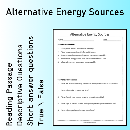 Alternative Energy Sources | Reading Comprehension Passage Printable Worksheet