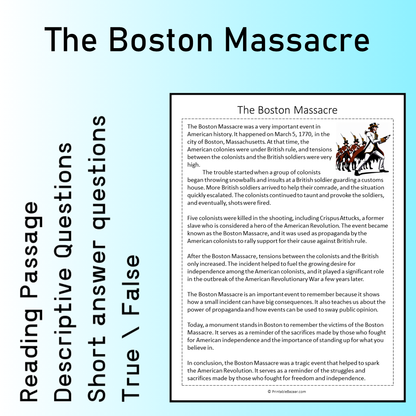 The Boston Massacre | Reading Comprehension Passage Printable Worksheet