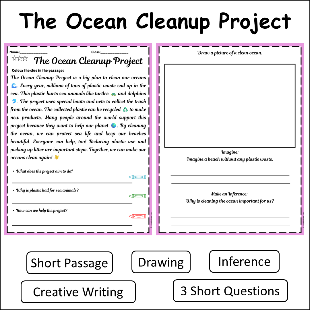 The Ocean Cleanup Project | Short Reading Comprehension Creative Worksheet