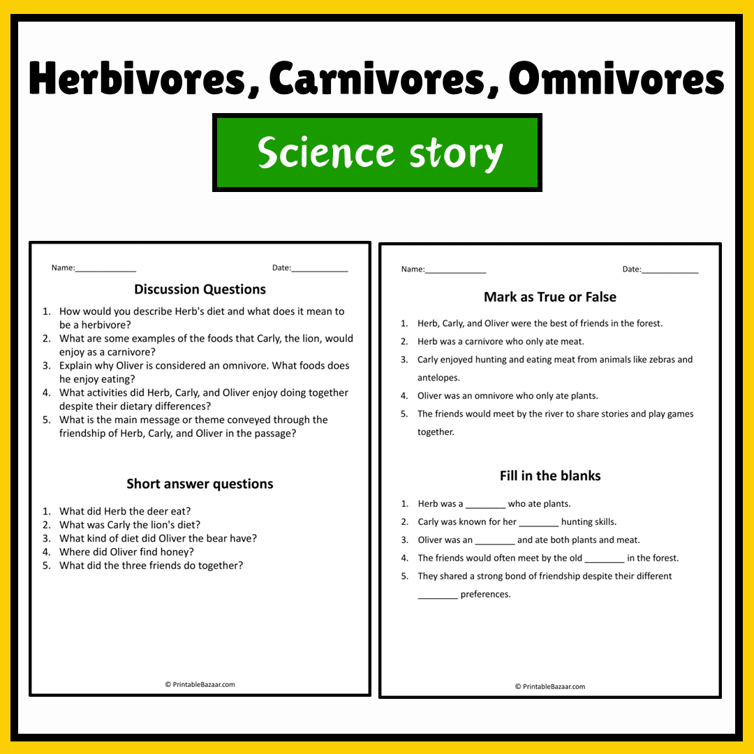 Herbivores, Carnivores, Omnivores | Science Story Reading Comprehension Activity
