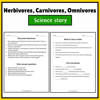 Herbivores, Carnivores, Omnivores | Science Story Reading Comprehension Activity