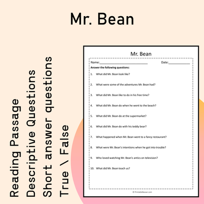 Mr. Bean | Reading Comprehension Passage Printable Activity