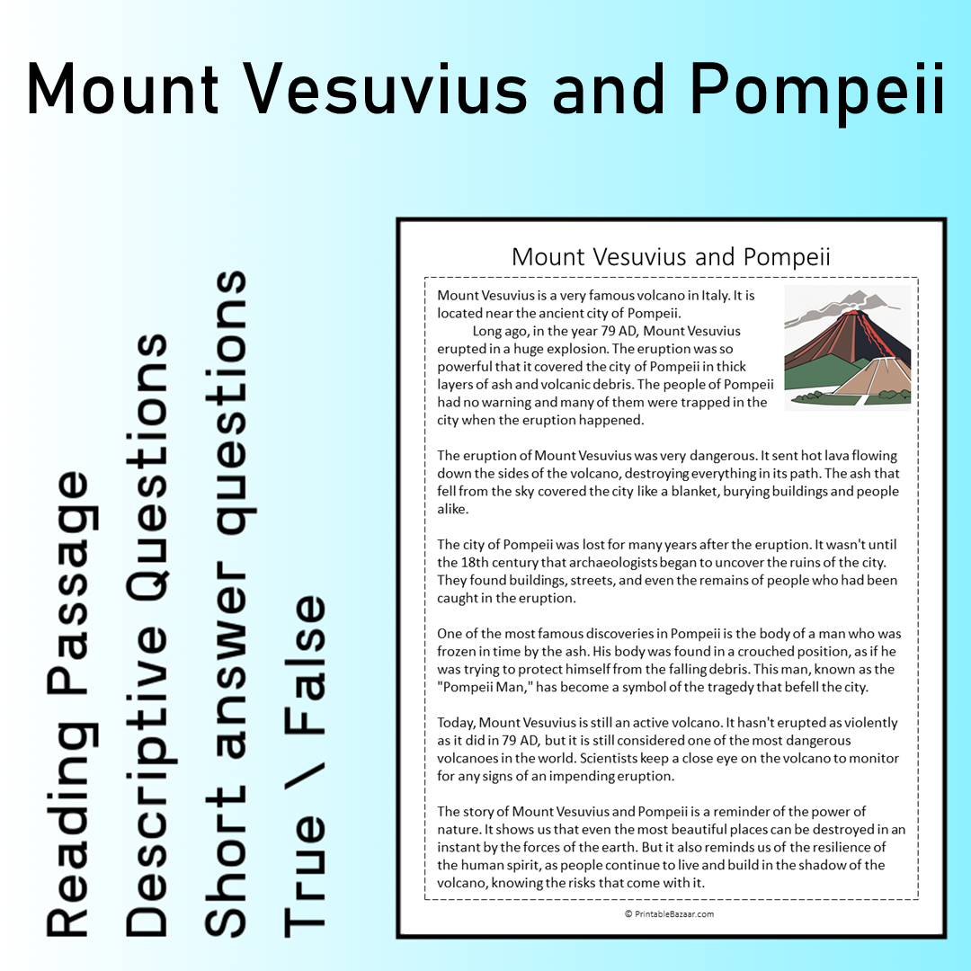 Mount Vesuvius and Pompeii | Reading Comprehension Passage Printable Worksheet