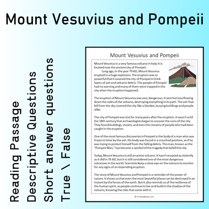 Mount Vesuvius and Pompeii | Reading Comprehension Passage Printable Worksheet