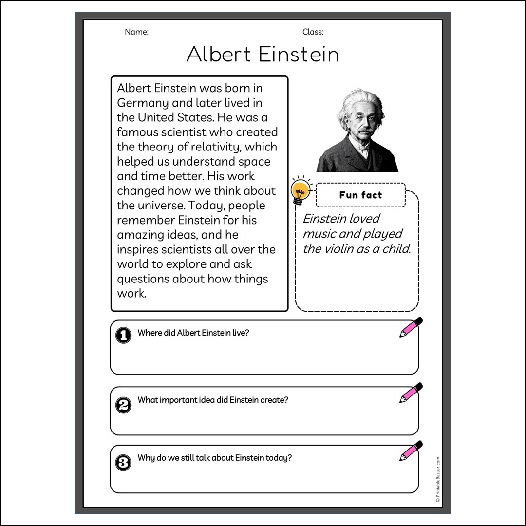 Albert Einstein | Reading Passage Comprehension Questions Writing Facts Worksheet